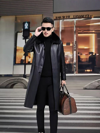 PU bőrhatású hosszú kabát középkorú férfiak számára, galléros, egyszárnyas záródású, melegen bélelt