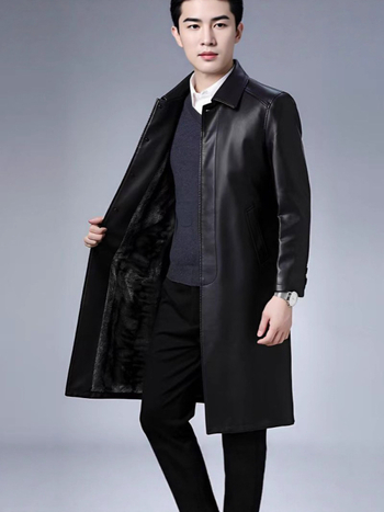PU bőrhatású hosszú kabát középkorú férfiak számára, galléros, egyszárnyas záródású, melegen bélelt