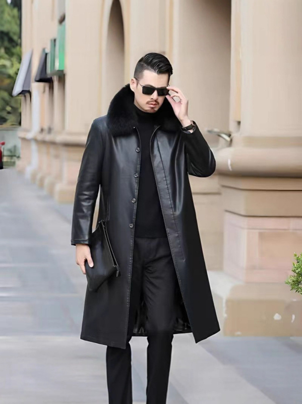 PU bőrhatású hosszú kabát középkorú férfiak számára, galléros, egyszárnyas záródású, melegen bélelt