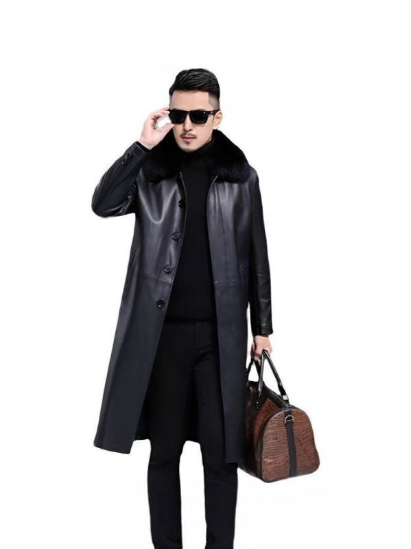 PU bőrhatású hosszú kabát középkorú férfiak számára, galléros, egyszárnyas záródású, melegen bélelt