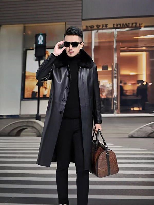 PU bőrhatású hosszú kabát középkorú férfiak számára, galléros, egyszárnyas záródású, melegen bélelt
