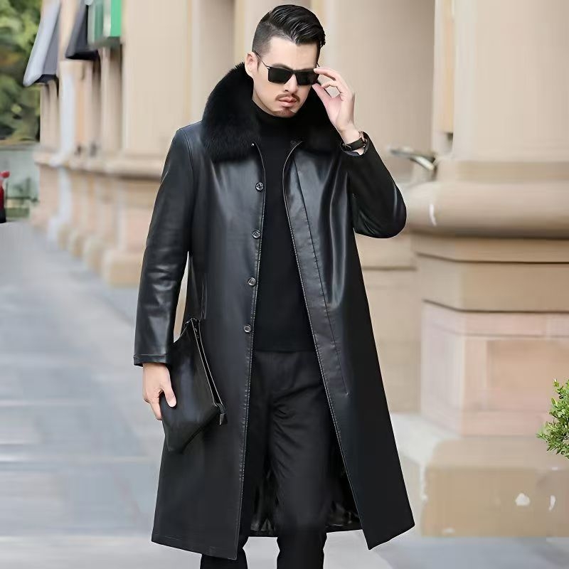 PU bőrhatású hosszú kabát középkorú férfiak számára, galléros, egyszárnyas záródású, melegen bélelt