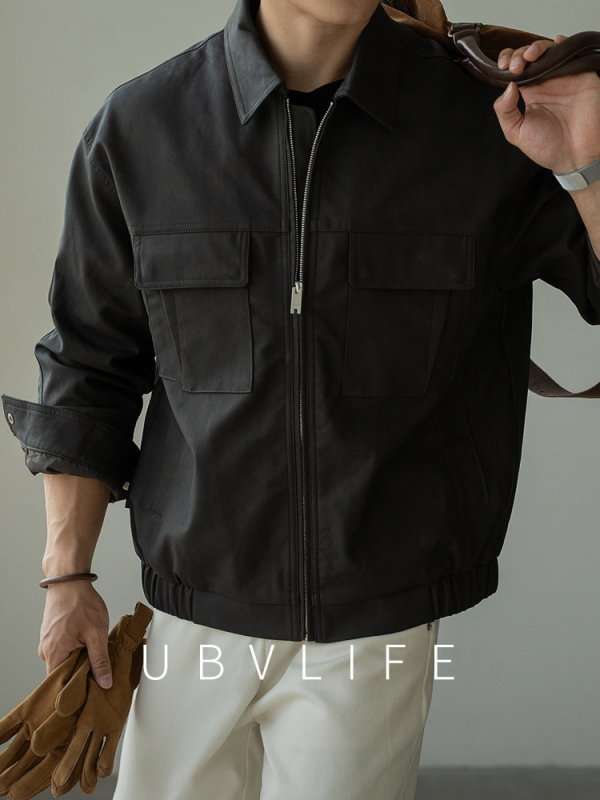 PU bőrkabát vintage stílusban, gallérrel és cipzáros zárással, férfiaknak