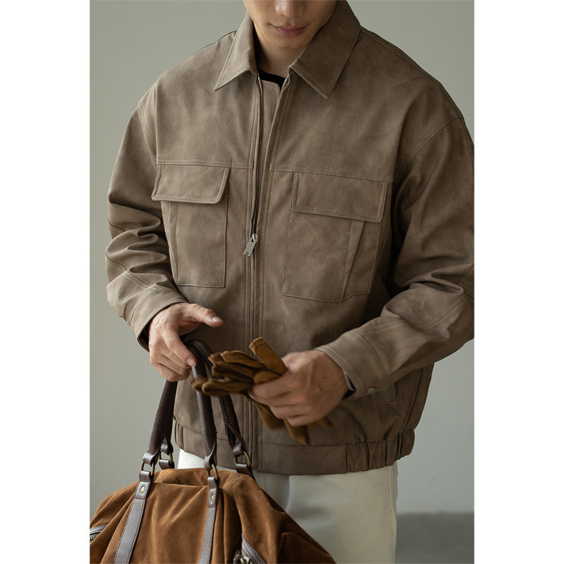 PU bőrkabát vintage stílusban, gallérrel és cipzáros zárással, férfiaknak