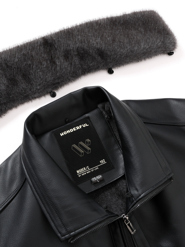 PU кожено яке за мъже, подплатено полиестер, лацетна яка, цип, средна дължина