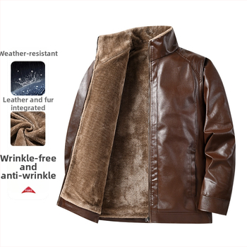 PU bőrdzseki férfiaknak – fleece bélés, szélálló, álló gallér, cipzáras zárás, több zseb.