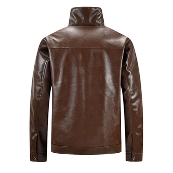 PU bőrdzseki férfiaknak – fleece bélés, szélálló, álló gallér, cipzáras zárás, több zseb.