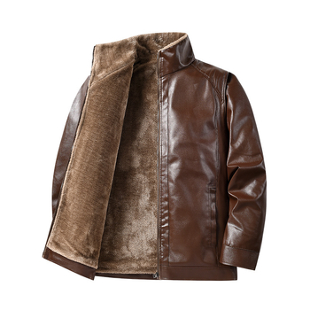 PU bőrdzseki férfiaknak – fleece bélés, szélálló, álló gallér, cipzáras zárás, több zseb.