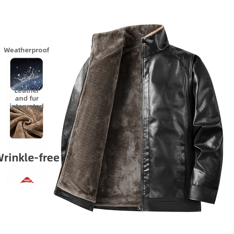 PU bőrdzseki férfiaknak – fleece bélés, szélálló, álló gallér, cipzáras zárás, több zseb.