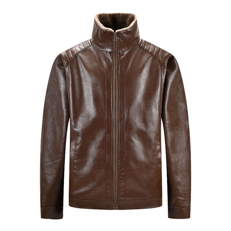 PU bőrdzseki férfiaknak – fleece bélés, szélálló, álló gallér, cipzáras zárás, több zseb.