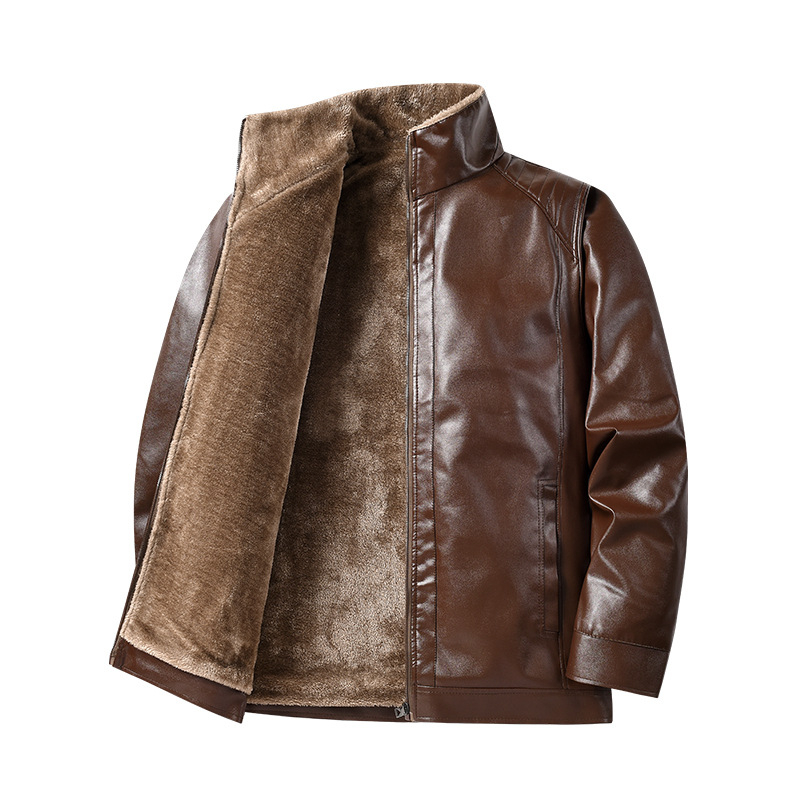 PU bőrdzseki férfiaknak – fleece bélés, szélálló, álló gallér, cipzáras zárás, több zseb.