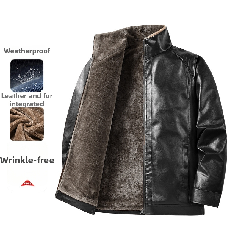 PU bőrdzseki férfiaknak – fleece bélés, szélálló, álló gallér, cipzáras zárás, több zseb.