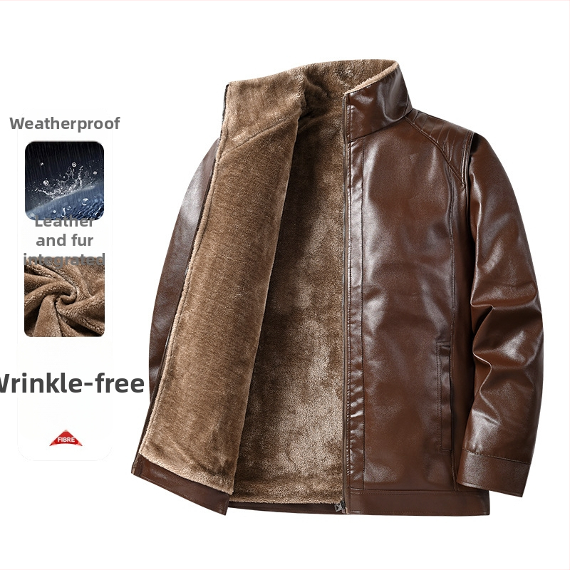 PU bőrdzseki férfiaknak – fleece bélés, szélálló, álló gallér, cipzáras zárás, több zseb.