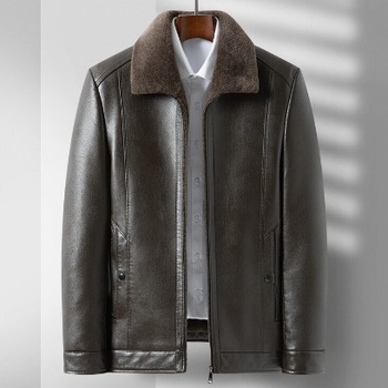 PU bőrdzseki férfiaknak — fleece-béléssel, lazán szabott, zakó-nyakkal, cipzáras zárás, normál hosszúság
