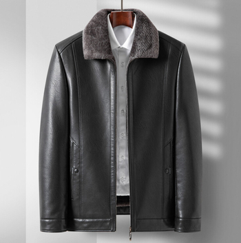 PU bőrdzseki férfiaknak — fleece-béléssel, lazán szabott, zakó-nyakkal, cipzáras zárás, normál hosszúság