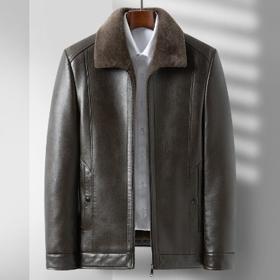 PU bőrdzseki férfiaknak — fleece-béléssel, lazán szabott, zakó-nyakkal, cipzáras zárás, normál hosszúság