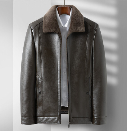 PU bőrdzseki férfiaknak — fleece-béléssel, lazán szabott, zakó-nyakkal, cipzáras zárás, normál hosszúság