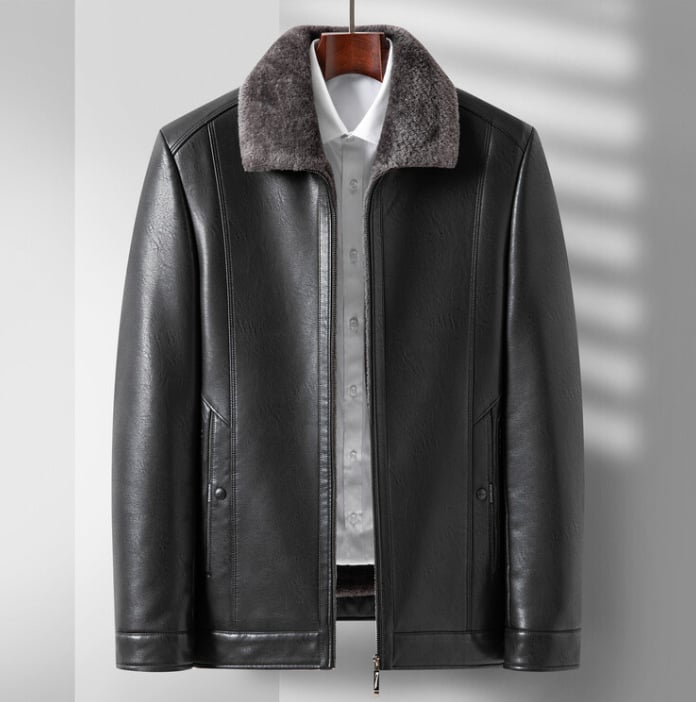 PU bőrdzseki férfiaknak — fleece-béléssel, lazán szabott, zakó-nyakkal, cipzáras zárás, normál hosszúság