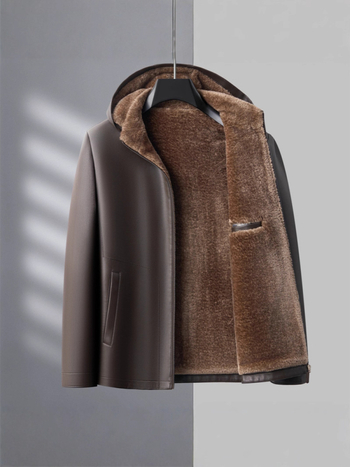 PU кожено мъжко яке с качулка, подплатено флисом, цип, странични джобове – Зима 2025