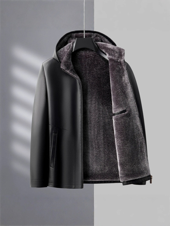 PU кожено мъжко яке с качулка, подплатено флисом, цип, странични джобове – Зима 2025