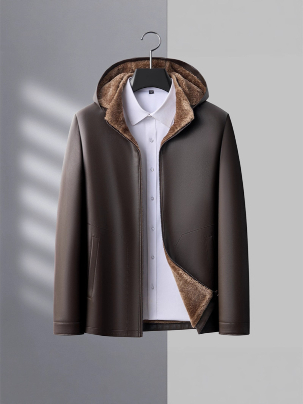 PU кожено мъжко яке с качулка, подплатено флисом, цип, странични джобове – Зима 2025