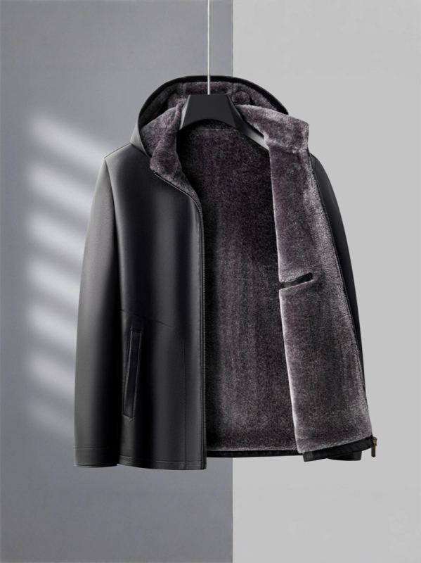 PU кожено мъжко яке с качулка, подплатено флисом, цип, странични джобове – Зима 2025