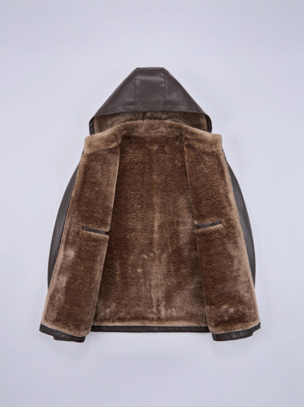 PU кожено мъжко яке с качулка, подплатено флисом, цип, странични джобове – Зима 2025