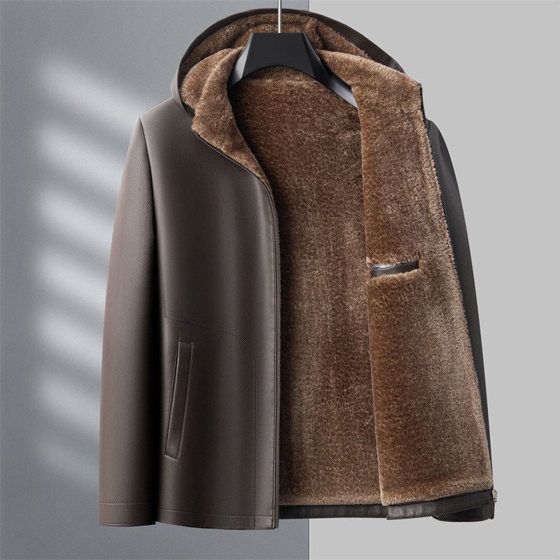 PU кожено мъжко яке с качулка, подплатено флисом, цип, странични джобове – Зима 2025