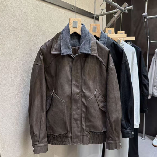 Geacă de piele PU cu guler denim, închidere cu fermoar, design combinat – bărbați, toamnă 2025