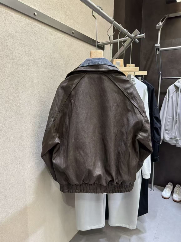 Geacă de piele PU cu guler denim, închidere cu fermoar, design combinat – bărbați, toamnă 2025