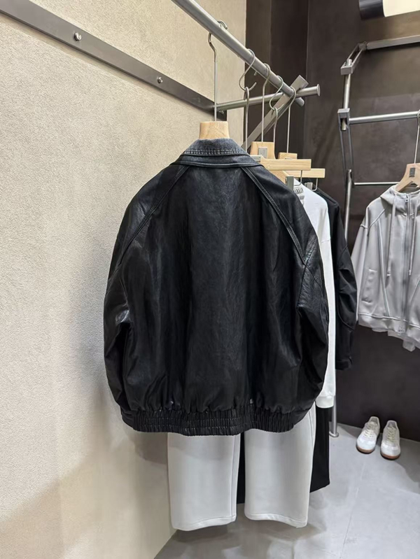 Geacă de piele PU cu guler denim, închidere cu fermoar, design combinat – bărbați, toamnă 2025