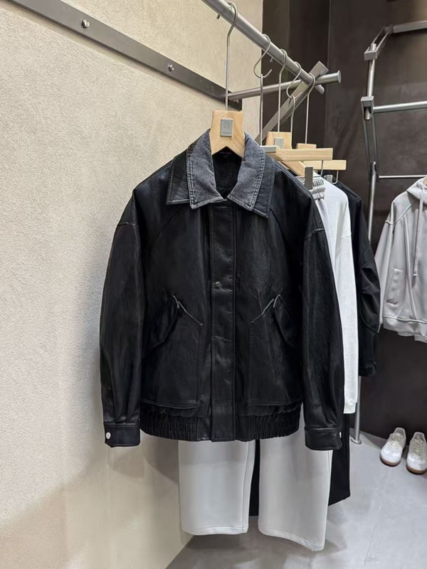 Geacă de piele PU cu guler denim, închidere cu fermoar, design combinat – bărbați, toamnă 2025