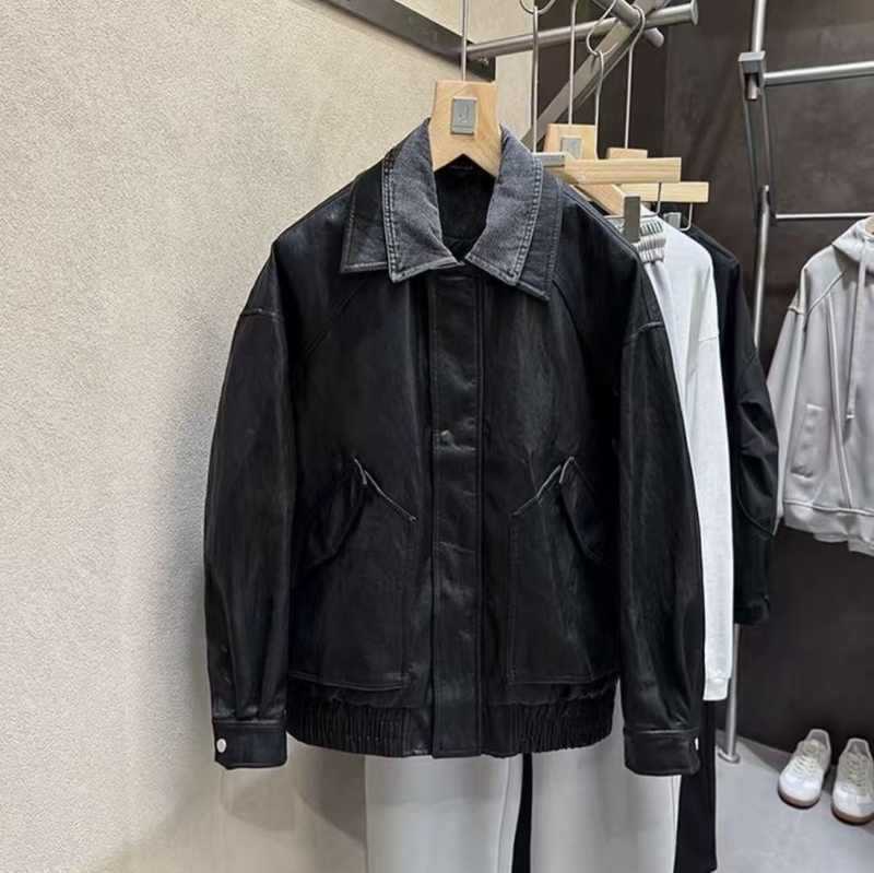 Geacă de piele PU cu guler denim, închidere cu fermoar, design combinat – bărbați, toamnă 2025