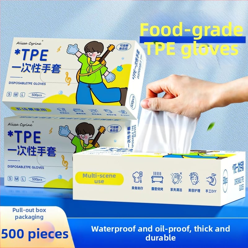 Jednokratne TPE rukavice, za prehrambenu upotrebu, vodootporne i otporne na ulje, debljina 0,05–0,1 mm, u kutiji