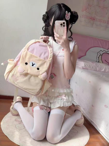 Rucsac pentru școală din poliester, design plush în stil japonez, capacitate mare, închidere cu capac, compartiment mezzanin