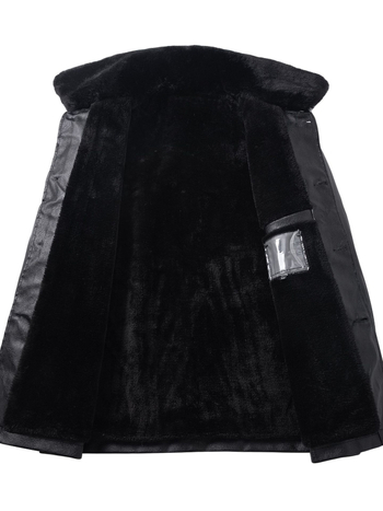 PU bőr férfi kabát — fleece bélés, laza szabás, gallér lapos, egyrendes zárás, oldalsó zsebek