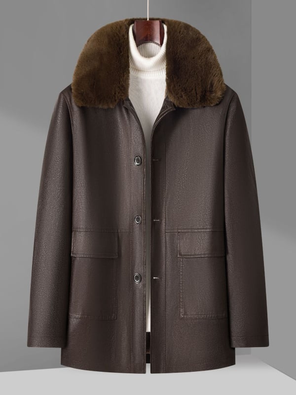 PU bőr férfi kabát — fleece bélés, laza szabás, gallér lapos, egyrendes zárás, oldalsó zsebek