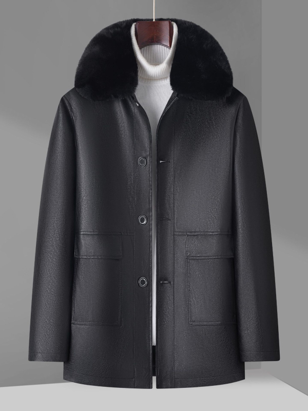 PU bőr férfi kabát — fleece bélés, laza szabás, gallér lapos, egyrendes zárás, oldalsó zsebek