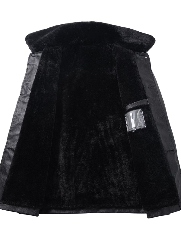 PU bőr férfi kabát — fleece bélés, laza szabás, gallér lapos, egyrendes zárás, oldalsó zsebek