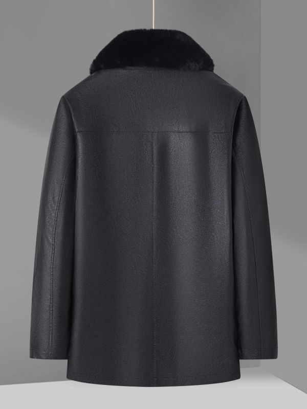 PU bőr férfi kabát — fleece bélés, laza szabás, gallér lapos, egyrendes zárás, oldalsó zsebek