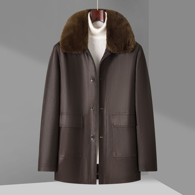 PU bőr férfi kabát — fleece bélés, laza szabás, gallér lapos, egyrendes zárás, oldalsó zsebek