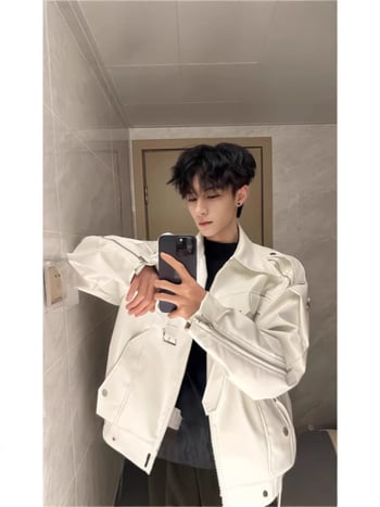 Férfi PU bőrkabát, cleanfit stílus, elülső cipzár, poliészter bélés, kapucni nélküli