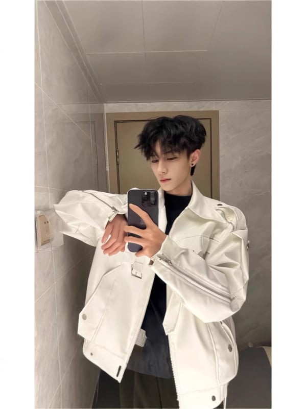 Férfi PU bőrkabát, cleanfit stílus, elülső cipzár, poliészter bélés, kapucni nélküli