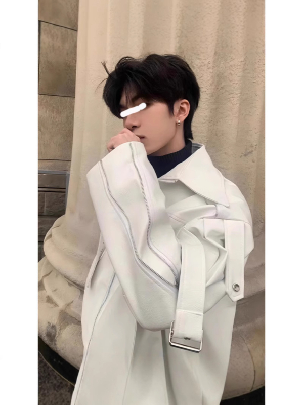 Férfi PU bőrkabát, cleanfit stílus, elülső cipzár, poliészter bélés, kapucni nélküli