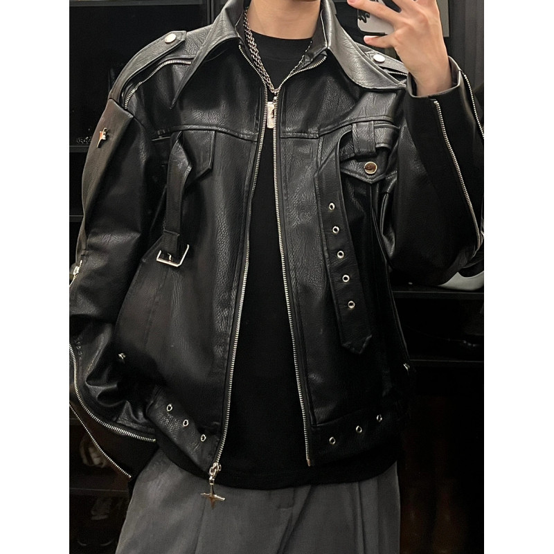 Férfi PU bőrkabát, cleanfit stílus, elülső cipzár, poliészter bélés, kapucni nélküli