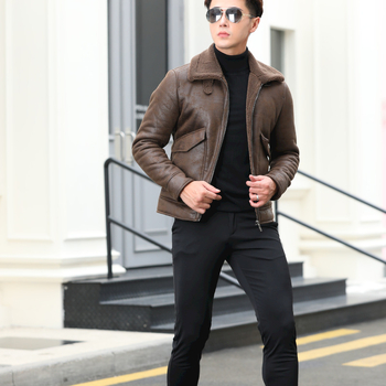 PU bőrdzseki férfiaknak velúr béléssel, cipzáras zárás, rever gallér, laza szabás