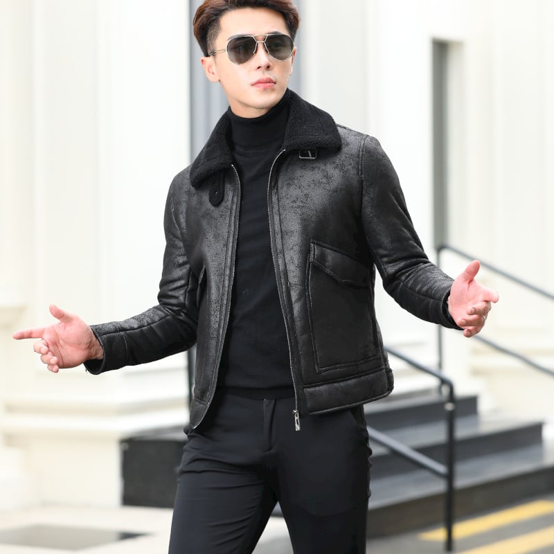 PU bőrdzseki férfiaknak velúr béléssel, cipzáras zárás, rever gallér, laza szabás