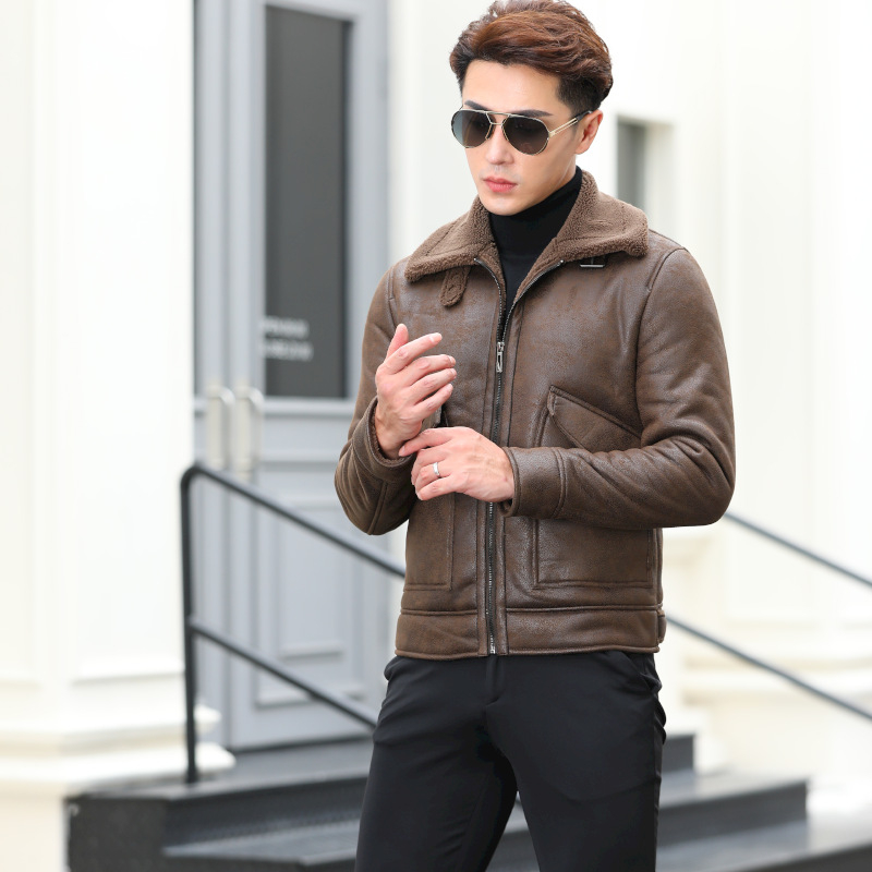 PU bőrdzseki férfiaknak velúr béléssel, cipzáras zárás, rever gallér, laza szabás