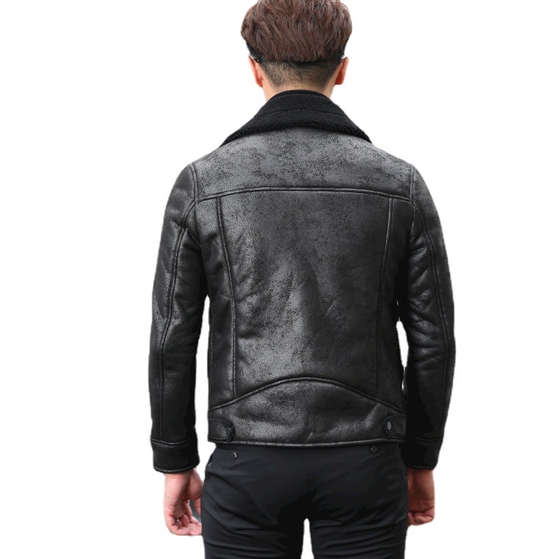 PU bőrdzseki férfiaknak velúr béléssel, cipzáras zárás, rever gallér, laza szabás