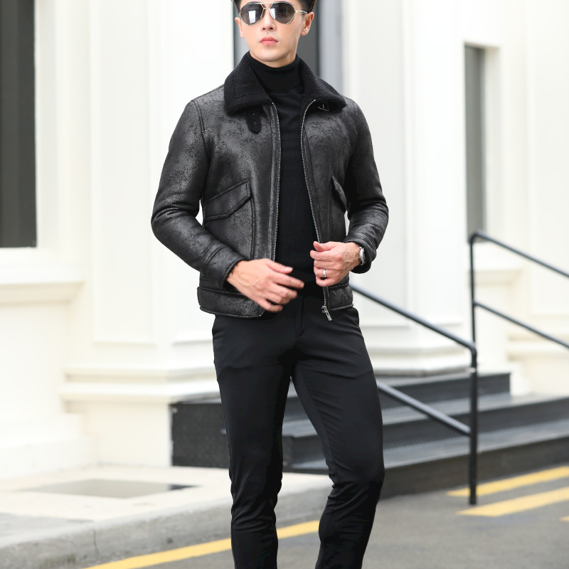 PU bőrdzseki férfiaknak velúr béléssel, cipzáras zárás, rever gallér, laza szabás